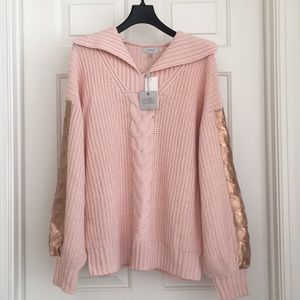 CUPIO Women's Top M Pale Pink Sweater Collar Gold Stripe Long Sleeves NWT